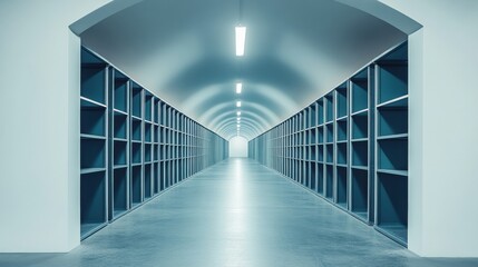 Long Blue Metal Shelving Corridor in an Industrial Warehouse