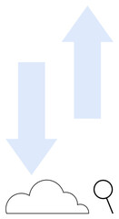 Two arrows show data flow to and from a cloud with a magnifying glass symbolizing analysis. Ideal for technology, cloud computing, data management, storage, research, networking, flat simple metaphor