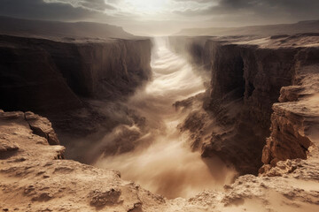 Sandstorm raging through desert canyon under cloudy sky