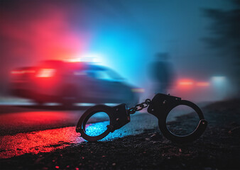Silhouette of handcuffs with police car on the back. Image with flashing red and blue police lights on foggy background. Slider shot
