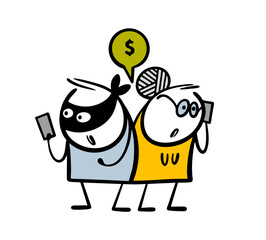 Scammer and a thief in a black mask makes a phone call and cheats on an old lady. Vector illustration of a woman with glasses, a victim of cybercrime. Cartoon character isolated on white background.