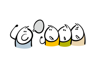 Political leader or company executive speaks to a crowd of employees. Vector illustration of stickman yelling loudly from the podium, propaganda and appeals. Cartoon funny character isolated on white.