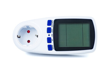 Digital wattmeter for power outlet . Power meter with LCD display . Isolated on a white background