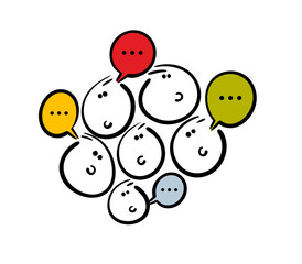 Lots of heads and text bubbles. Vector illustration of people in a crowd talking, arguing, sending messages, expressing opinions. Cartoon funny characters isolated on white background.