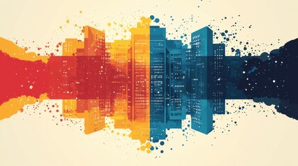 Fototapeta premium Business Colorful abstract city skyline reflection with vibrant hues and artistic splashes.