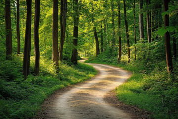Fototapeta premium Winding dirt road through lush green forest in spring