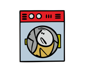 Unfortunate stickman is trapped, sitting inside the washing machine, suffering. Vector illustration of a wet man and household chores. Cartoon funny character isolated on white background.
