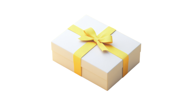 Gift box wrapped in yellow ribbon placed on a clean white background ready for a special occasion or celebration at any time of year