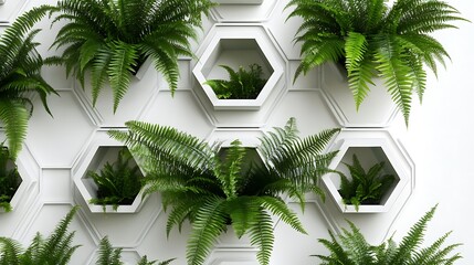 Ferns in Hexagonal Planters on a Wall
