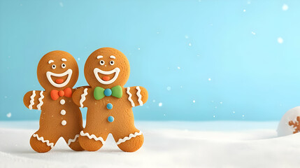 Happy Gingerbread Cookies with Colorful Bowties on Winter Background