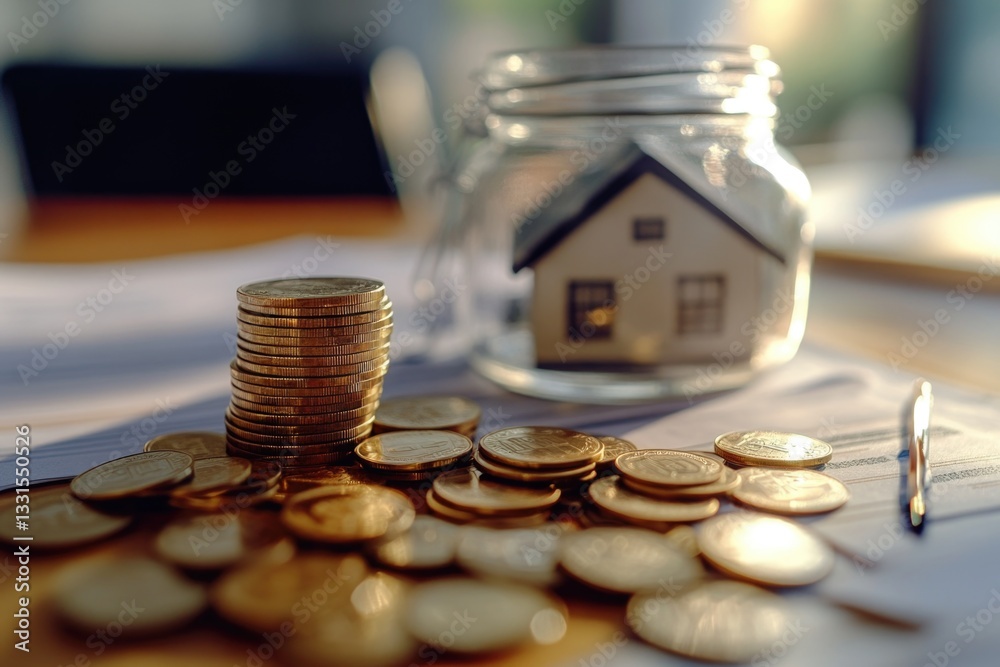 Poster a jar filled with coins sitting next to a stack of coins, ideal for financial or money-related conce