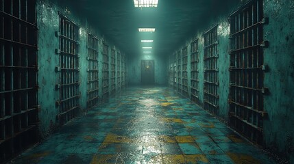 Mysterious prison corridor abandoned facility photography dark environment low angle view isolation concept