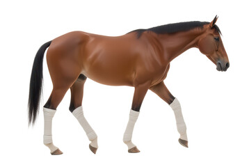 Fototapeta premium Realistic Brown Horse Walking with White Leg Wraps on Isolated Background