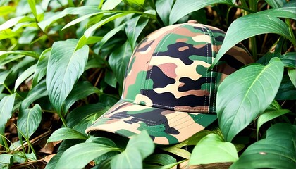 Cap in Camo Sitting among Leafy Greens.