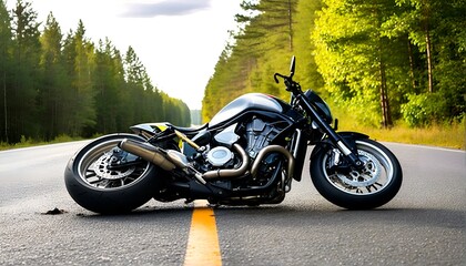 Obraz premium A black motorcycle is shown from two different angles on a road lined with trees.