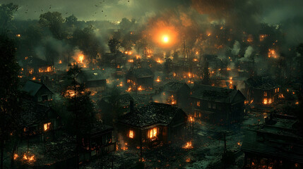 Naklejka premium Burning village, night
