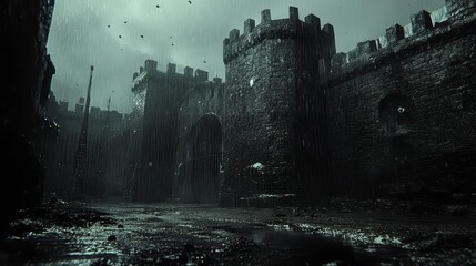 Fototapeta premium Rainy night scene of an ancient castle wall dark and moody atmosphere urban landscape low angle view