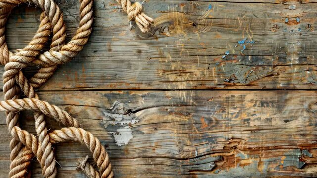 Ropes lay in an intricate pattern across a weathered wooden surface filled with rich textures and colors, evoking a nautical vibe