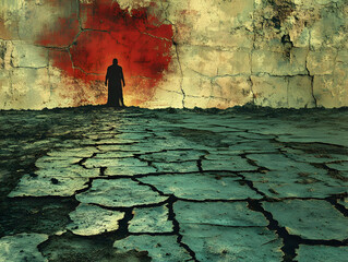 Dark figure on cracked earth, ominous wall