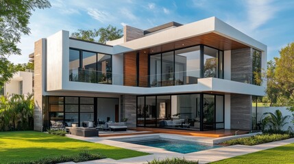 This contemporary residence beautifully showcases expansive glass windows, a stylish facade, and an elegant pool, creating a serene atmosphere surrounded by greenery