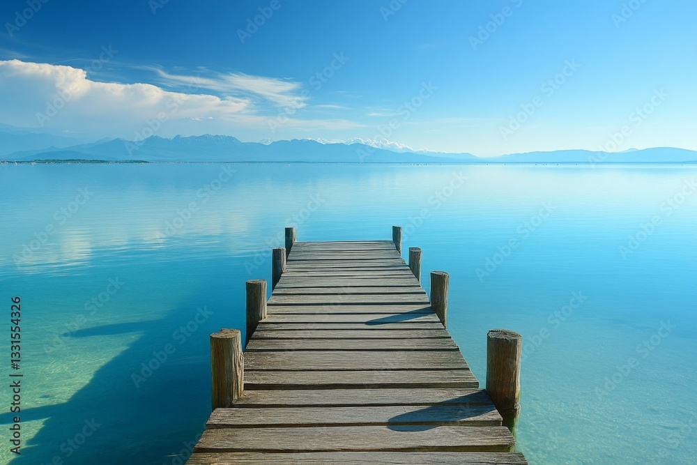 Aufkleber serene wooden pier extending into calm blue waters against a backdrop of distant mountains and clear