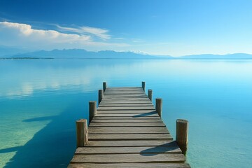 Obraz premium Serene wooden pier extending into calm blue waters against a backdrop of distant mountains and clear skies