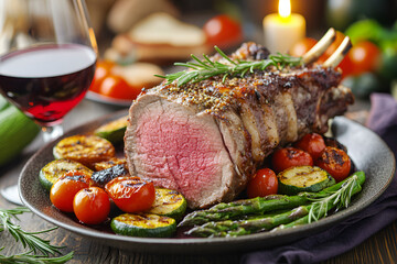Roasted rack of lamb with vegetables on a plate with a glass of red wine, in a restaurant setting. Side view.