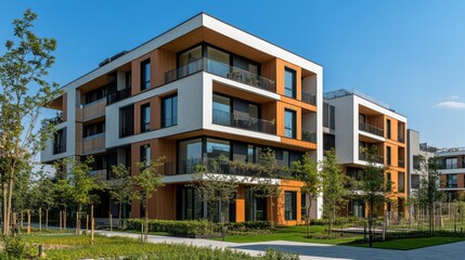 Fototapeta premium Luxurious modern buildings stand tall against a clear blue sky, featuring sleek lines and an abundance of greenery