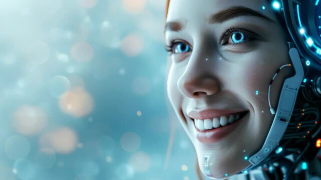 Head-shot of beautiful woman robot with on futuristic background. Artificial intelligence, people and technology concept