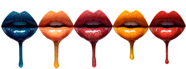 Glossy colorful lips with dripping liquid effect on transparent background