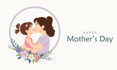 happy mother's day banner, Mom with little daughter.Vector illustration in flat style