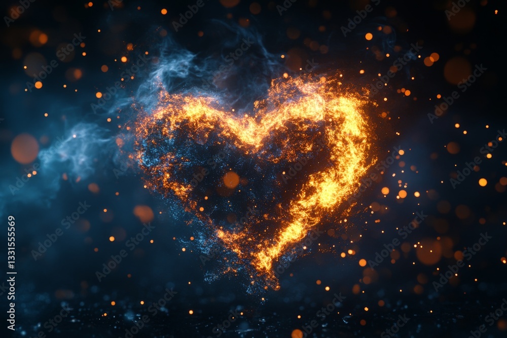Leinwandbilder flaming heart shape illuminated by glowing particles in a dark atmosphere creates a captivating visu