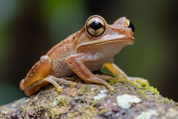 Obraz premium Brown frog resting on a mossy rock in a lush forest during daylight hours