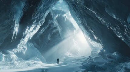 Majestic Ice Cave with Dramatic Lighting and Lone Figure Exploring a Frozen Wilderness Landscape