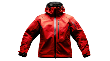 Bright red waterproof jacket designed for outdoor activities in cold weather while skiing or hiking