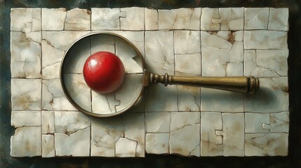 Exploring the mystery of a red sphere through a magnifying glass on puzzle-like surface artistic still life close-up
