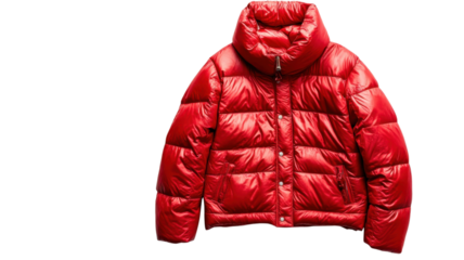 Bright red puffy jacket with high collar perfect for cold weather and trendy style