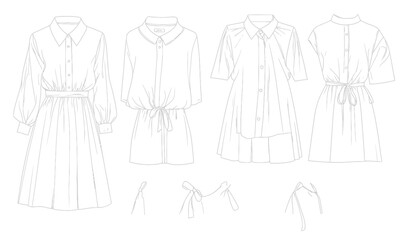 Drawstring Mini Shirt Dress Technical Vector Illustration - Multiple Collars and Sleeves
