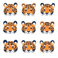 Fototapeta premium Whimsical Cartoon Tiger Faces – Playful 3x3 Grid Pattern