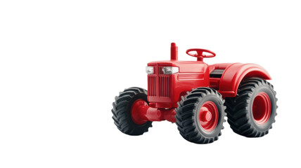 Obraz premium Bright red toy tractor on white background designed for children to spark imaginative farm play experiences