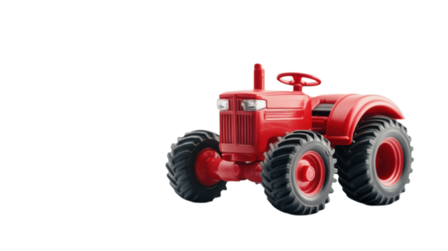 Bright red toy tractor on white background designed for children to spark imaginative farm play experiences
