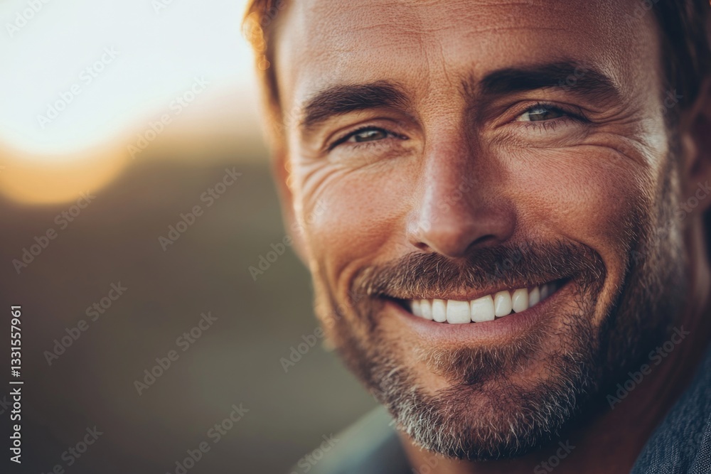 Poster close-up portrait of a bearded man with a warm smile