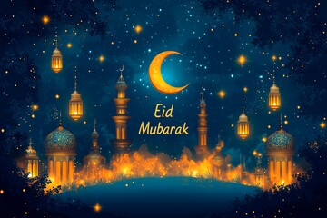 Eid Mubarak background with a traditional islamic festival design featuring moon and lanterns