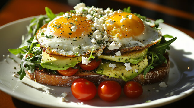 An egg and avocado toast on a white plate with an arugula salad, red cherry tomatoes, and feta cheese sprinkled over the avocados