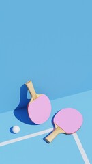 Pink Table Tennis Paddles and Tennis Ball on a blue background, 3D rendered illustration