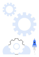 Blue rocket ascending near interconnected gears and cloud, symbolizing teamwork, growth, and innovation. Ideal for entrepreneurship, startup, automation, engineering, planning success