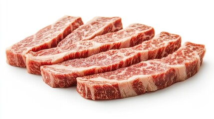Fototapeta premium Sizzling wagyu beef strips for culinary delights kitchen food photography clean background gourmet concept