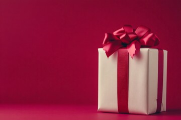 Obraz premium Gift box wrapped in white paper with red ribbons against a vibrant red background for a festive occasion