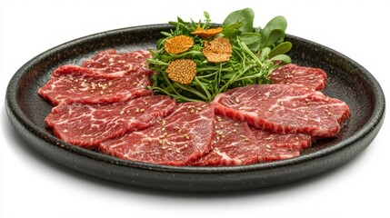 Sizzling beef carpaccio delight gourmet restaurant food photography elegant setting close-up culinary art