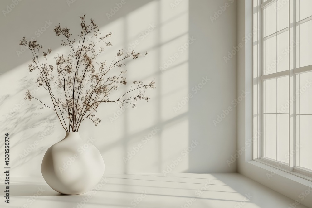 Poster bright and airy interior with a vase of dried flowers next to a spacious window in a minimalist sett